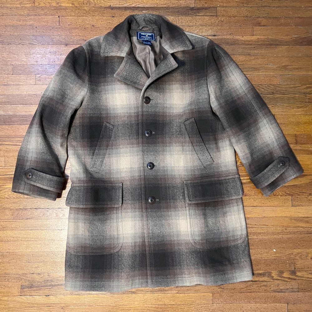 Vintage POLO SPORT Sportswoman 100% Wool Plaid Long Overcoat Womens Size L Brown
